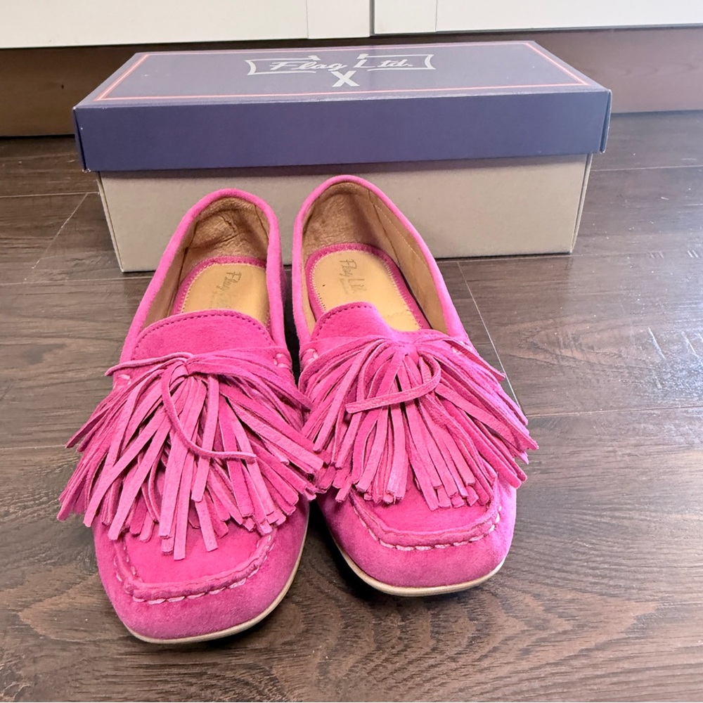 FLAG LTD NICOLE POPPY PINK FRINGE moccasin LOAFER SOFT SUEDE WORN 1x